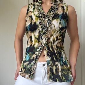 East 5th Ruffle-Front Pleated Camisole in Green, Black & Blue Print